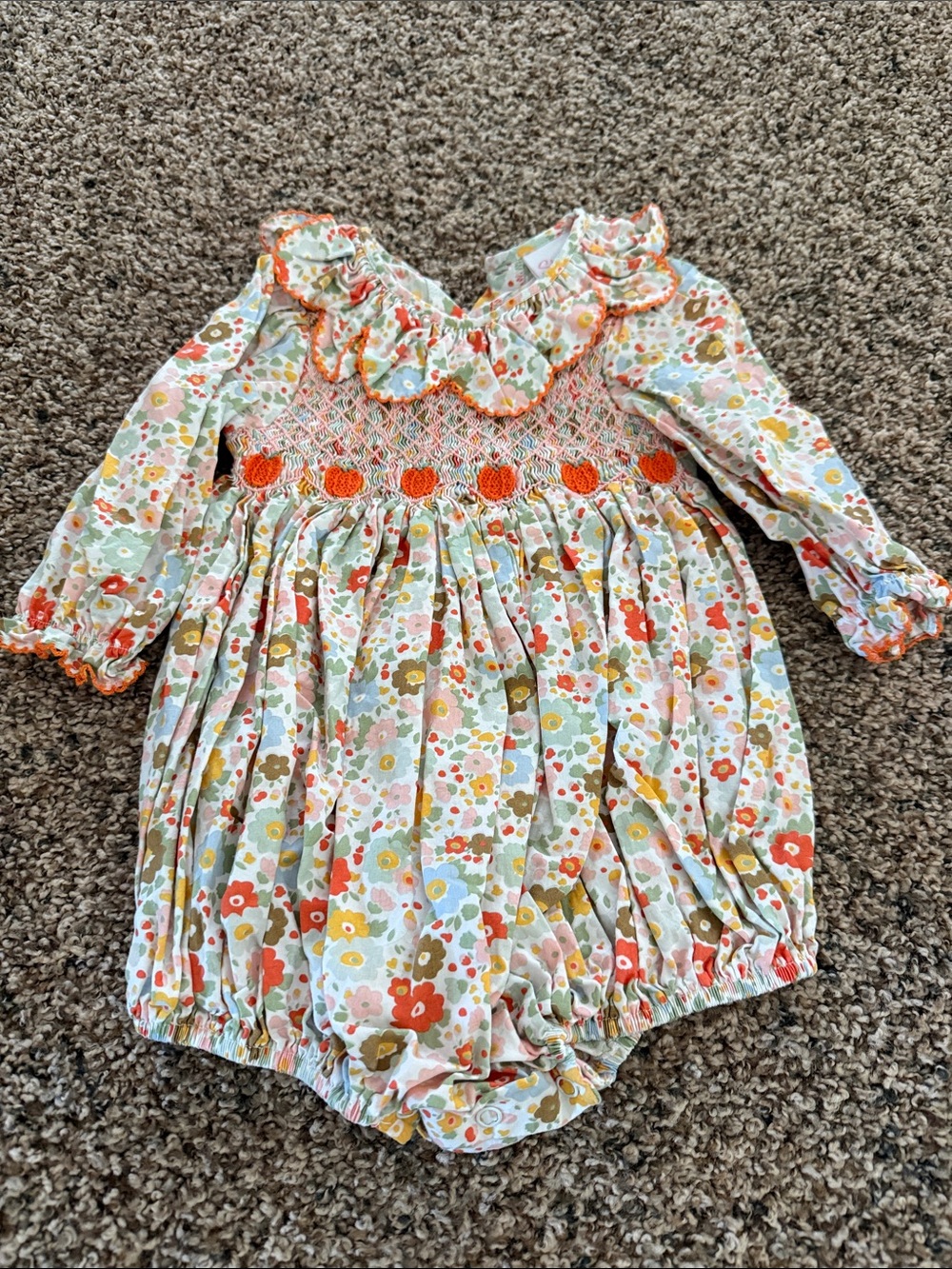 Stitchy Fish Smocked Floral Pumpkin Bubble- Size 24mos.